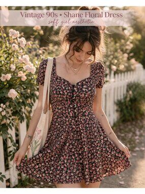 Vintage Shane Floral Rayon Dress 90s Cottagecore Grunge Button Front M